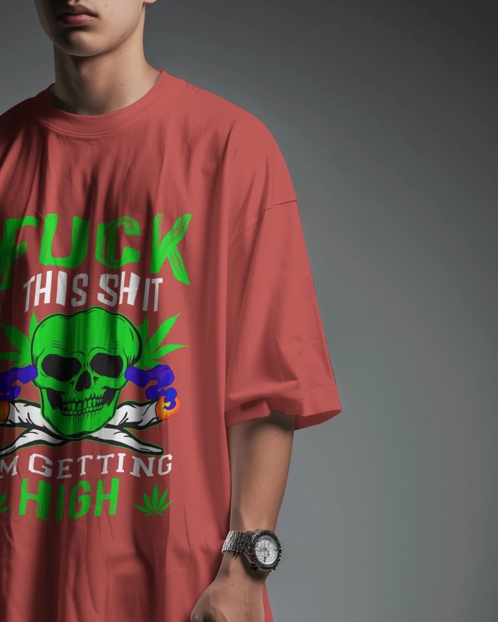 Fck This Shi I’m Getting High Oversized Unisex T-Shirt | 240 GSM Heavyweight Cotton Skull & Joint Weed Graphic Tee – TripTribe® - Image 8