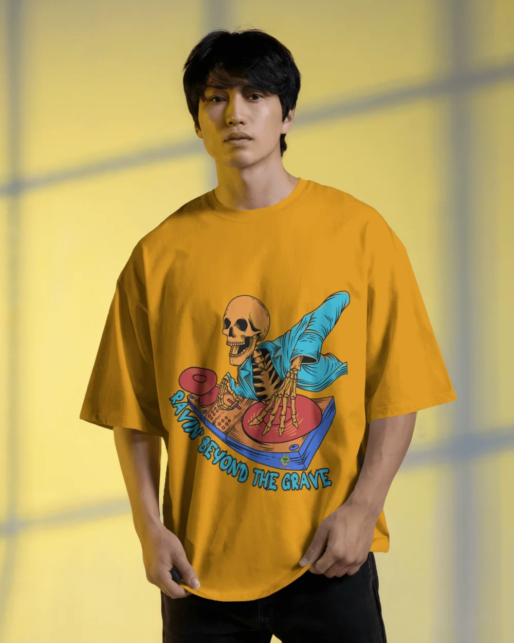 Ravin’ Beyond the Grave Skeleton DJ | Unisex 240 GSM Heavyweight Oversized Tee - Image 9