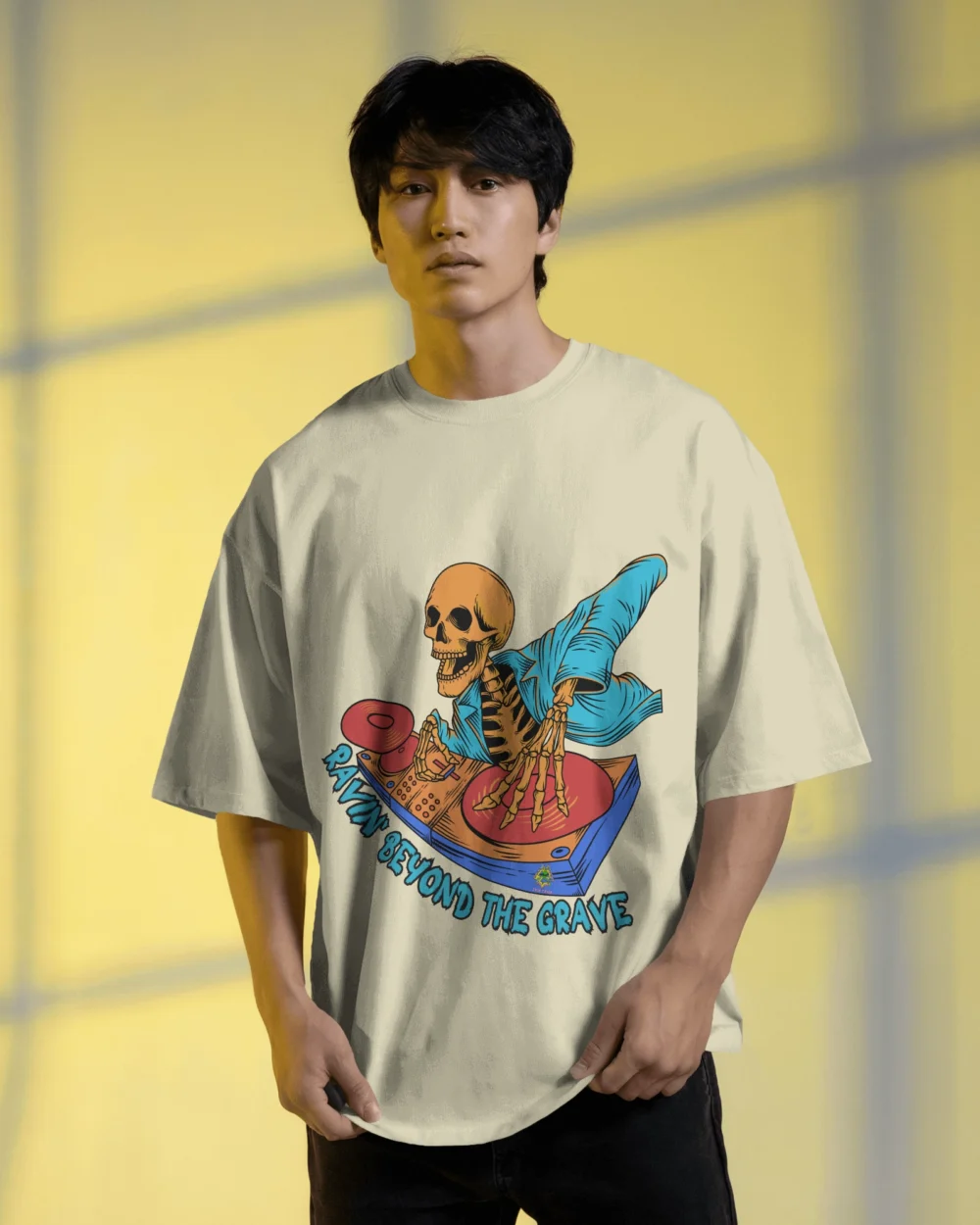 Ravin’ Beyond the Grave Skeleton DJ | Unisex 240 GSM Heavyweight Oversized Tee - Image 3