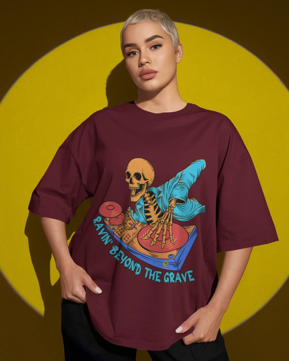 Ravin’ Beyond the Grave Skeleton DJ | Unisex 240 GSM Heavyweight Oversized Tee - Image 5