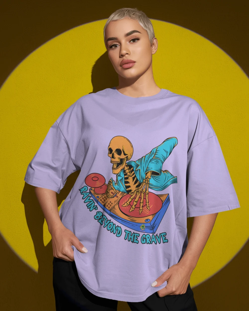 Ravin’ Beyond the Grave Skeleton DJ | Unisex 240 GSM Heavyweight Oversized Tee - Image 11