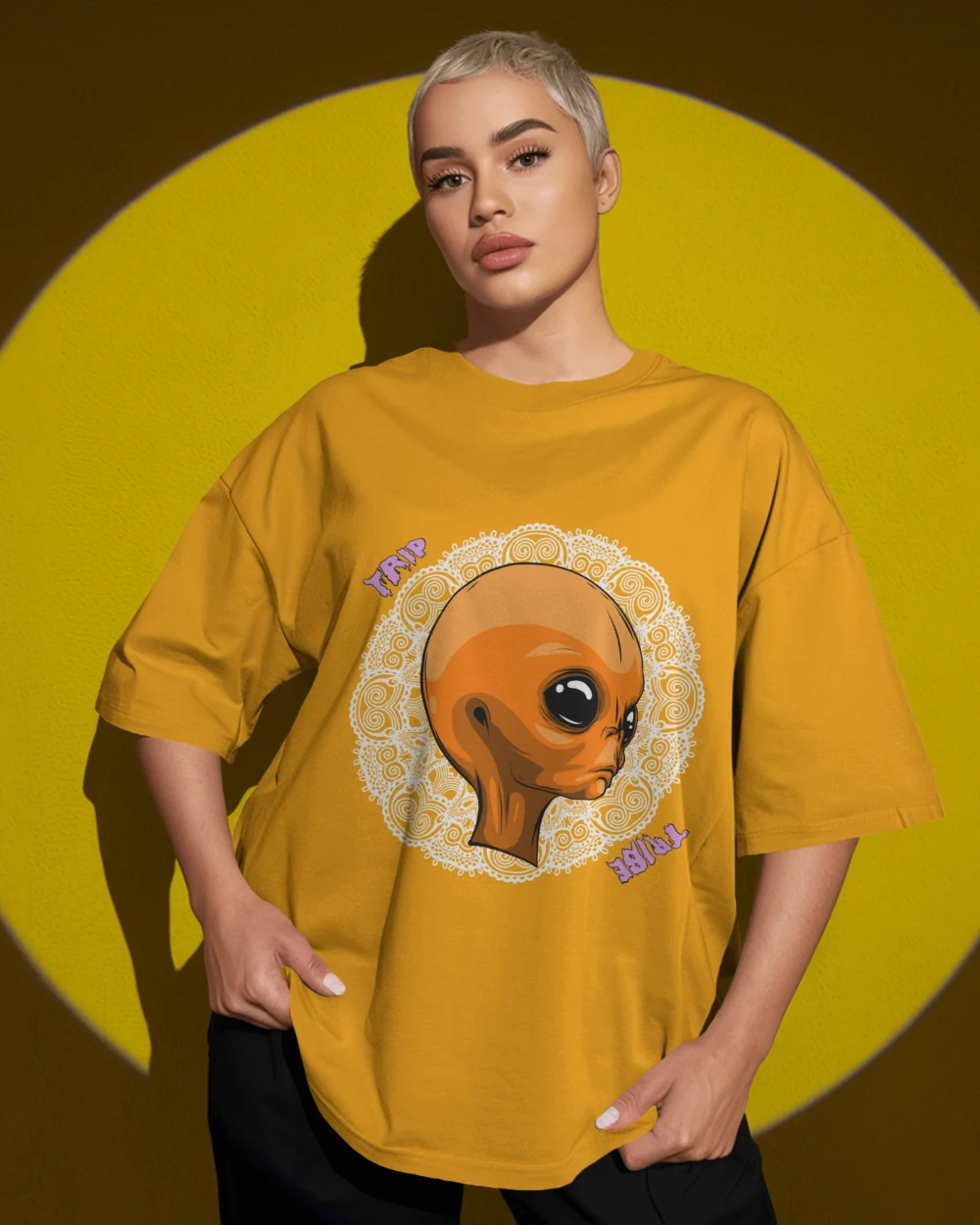 Mandala Alien Unisex Oversized T-Shirt – Trippy Orange Alien x Mandala Graphic | 240 GSM | TripTribe® - Image 7