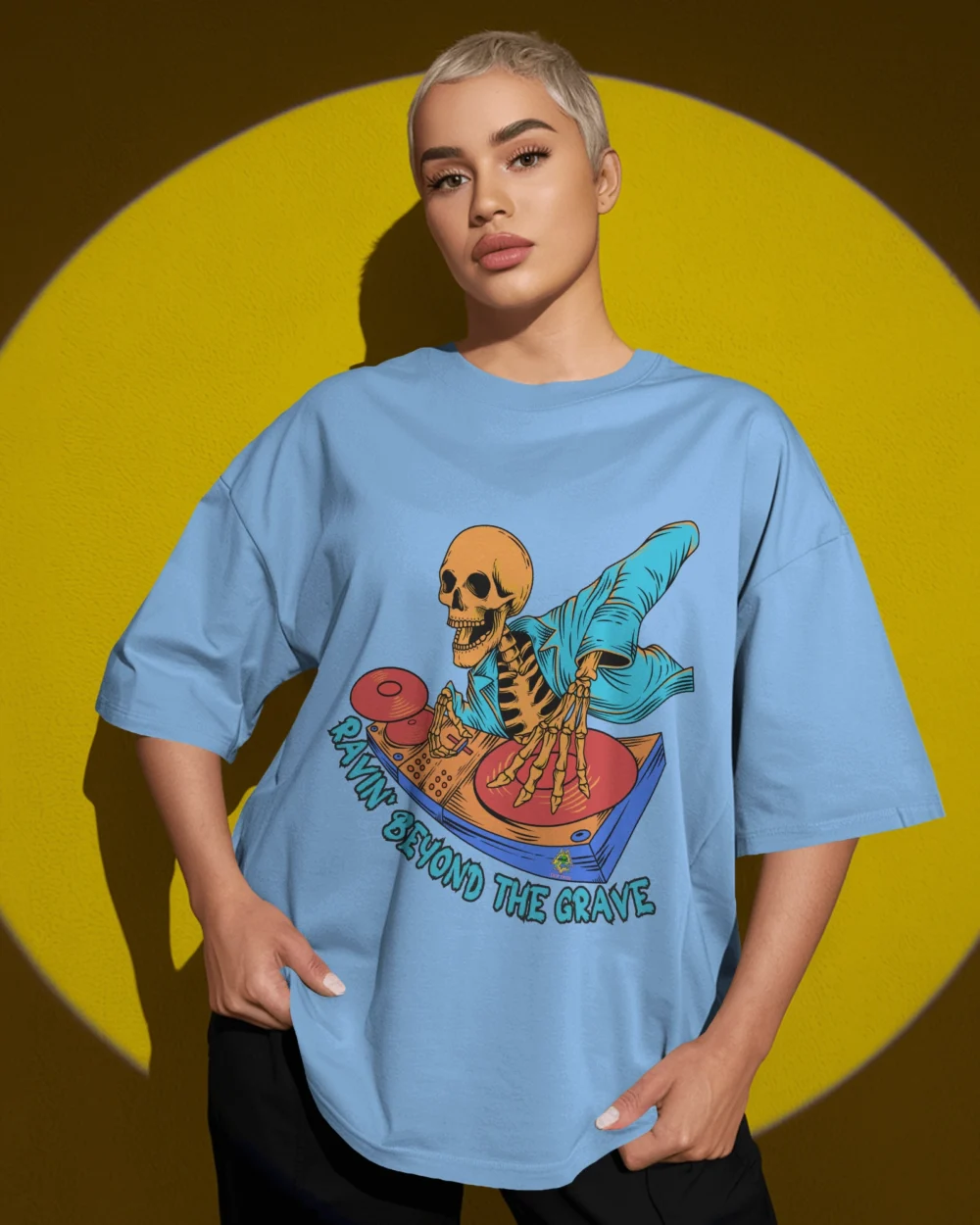 Ravin’ Beyond the Grave Skeleton DJ | Unisex 240 GSM Heavyweight Oversized Tee - Image 14