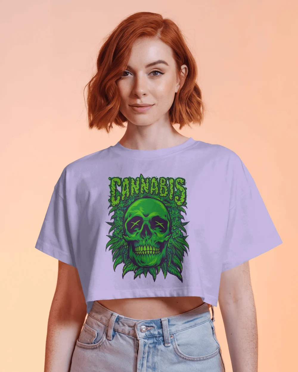 Cannabis Skull Women’s Crop Top | 180 GSM 100% Cotton Trippy Green Skull Weed Graphic Crop – TripTribe® - Image 4