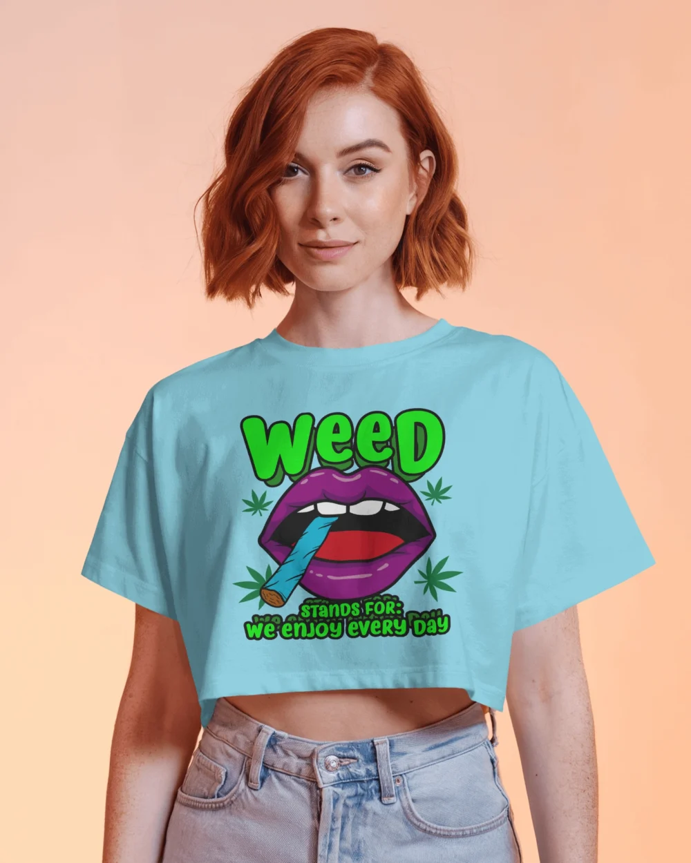 WEED Women’s Crop Top – We Enjoy Every Day | 180 GSM Cotton Neon Lips Stoner Graphic Tee – TripTribe® - Image 6