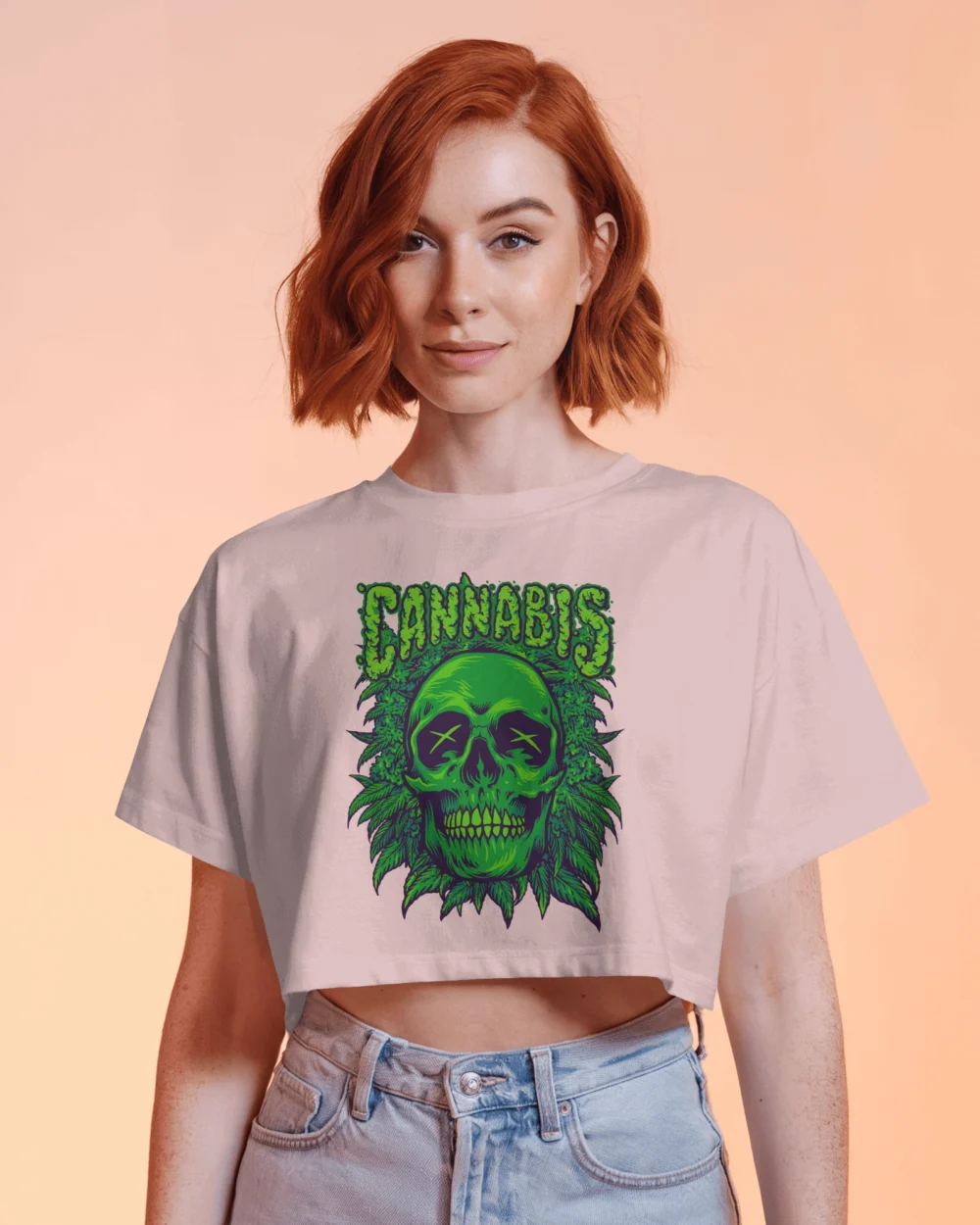 Cannabis Skull Women’s Crop Top | 180 GSM 100% Cotton Trippy Green Skull Weed Graphic Crop – TripTribe® - Image 7