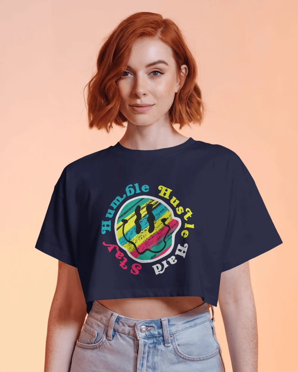 Stay Humble Hustle Hard Crop Top | 100% Cotton 180 GSM Bold Smiley Graphic Tee for Women – TripTribe® - Image 3
