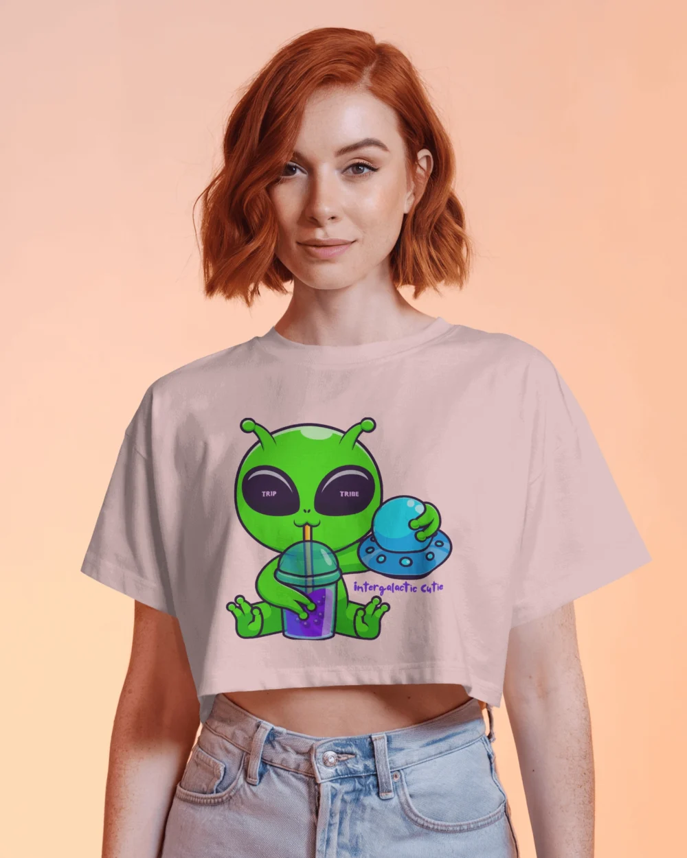 Cute Alien Crop Top Crop Top | 100% Cotton 180 GSM Bio-Washed Trippy Crop Top – TripTribe® - Image 3