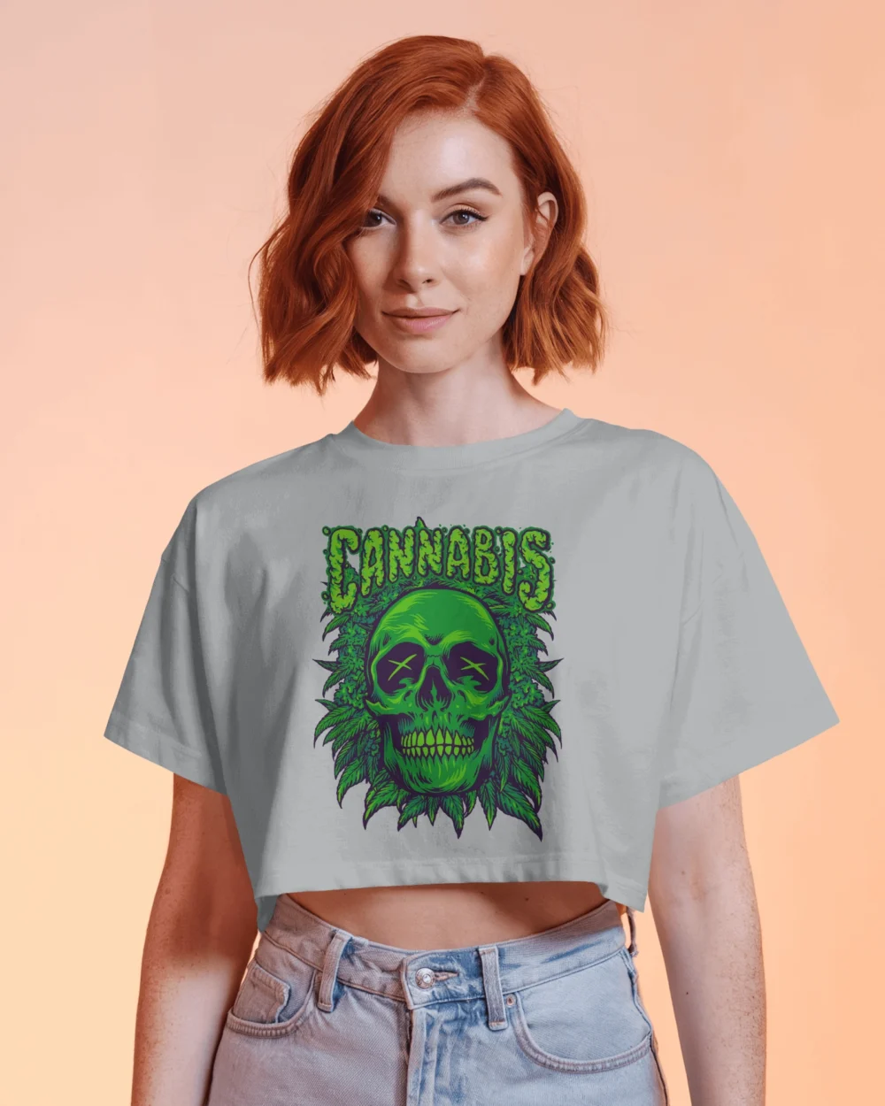 Cannabis Skull Women’s Crop Top | 180 GSM 100% Cotton Trippy Green Skull Weed Graphic Crop – TripTribe® - Image 10
