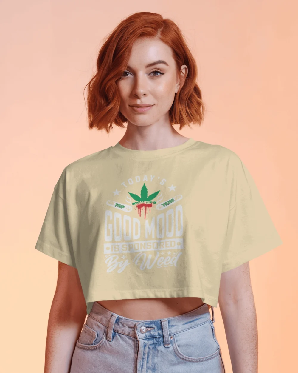Good Mood Sponsored by Weed Crop Top | 100% Cotton | High-Vibe Weed Print – TripTribe® - Image 5