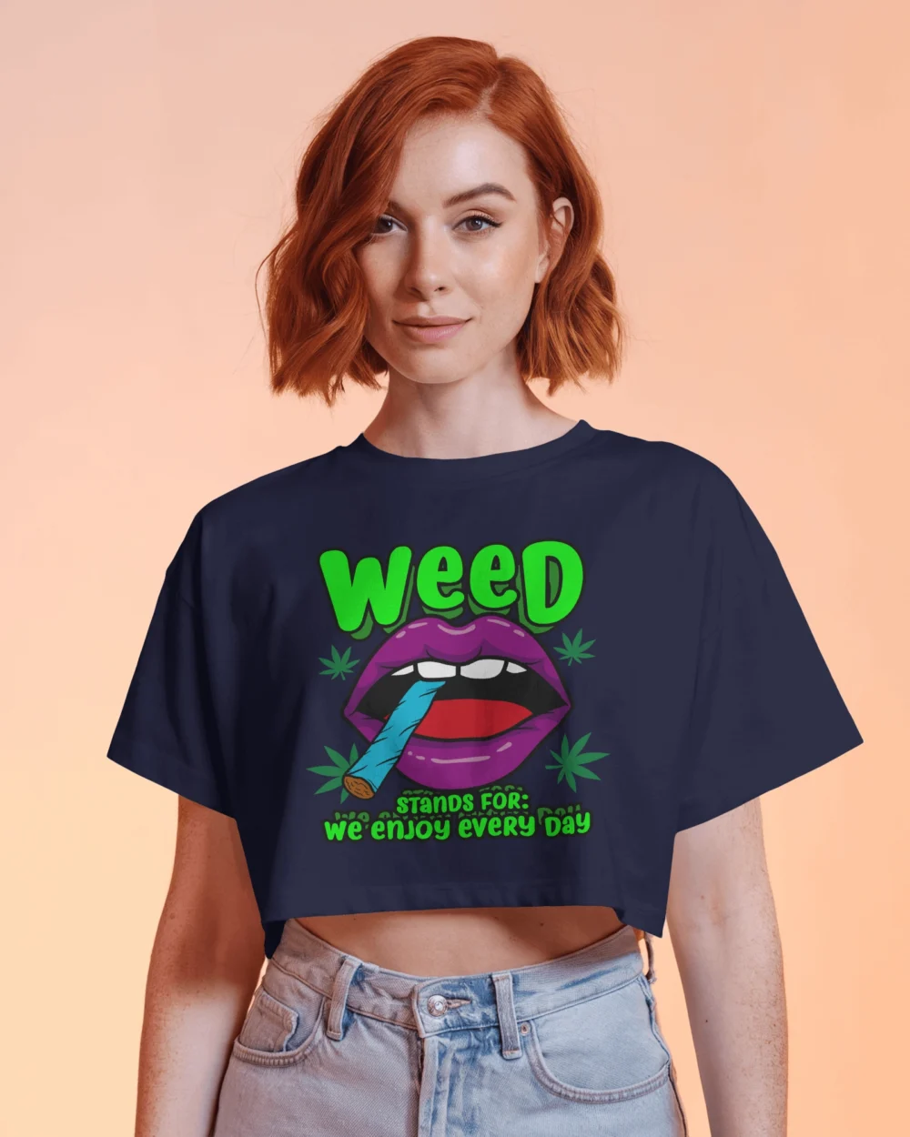 WEED Women’s Crop Top – We Enjoy Every Day | 180 GSM Cotton Neon Lips Stoner Graphic Tee – TripTribe® - Image 11
