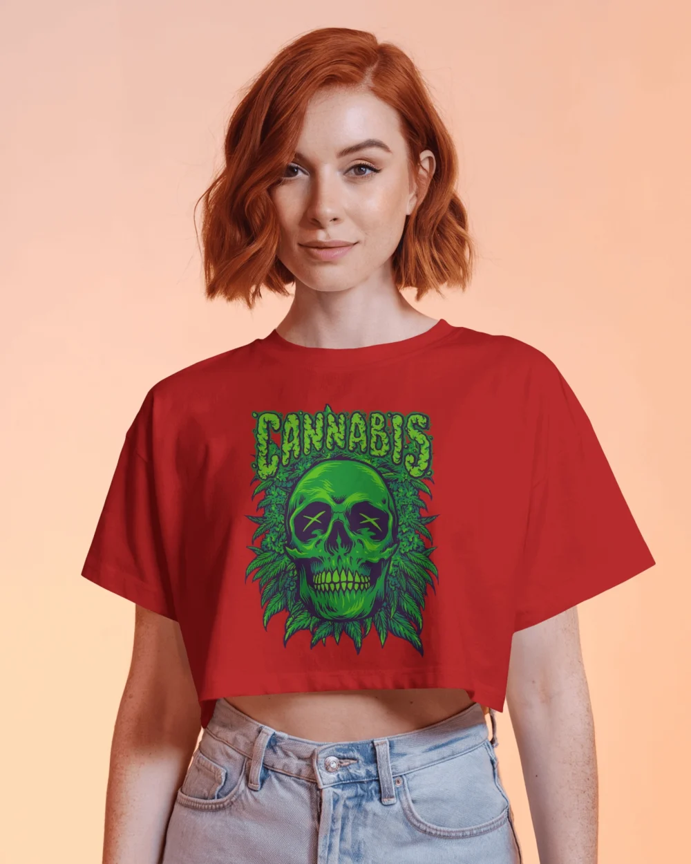 Cannabis Skull Women’s Crop Top | 180 GSM 100% Cotton Trippy Green Skull Weed Graphic Crop – TripTribe® - Image 5