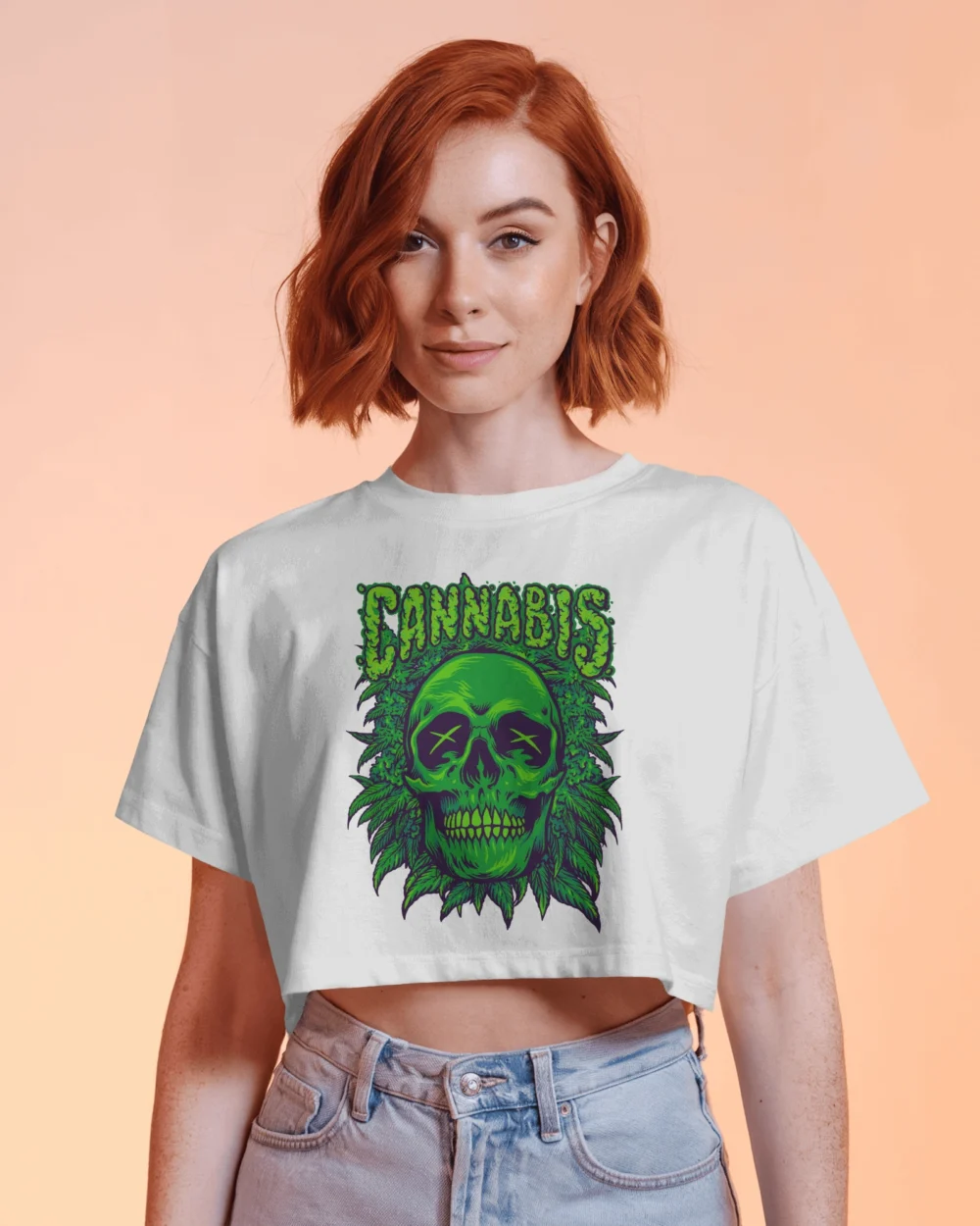 Cannabis Skull Women’s Crop Top | 180 GSM 100% Cotton Trippy Green Skull Weed Graphic Crop – TripTribe® - Image 8