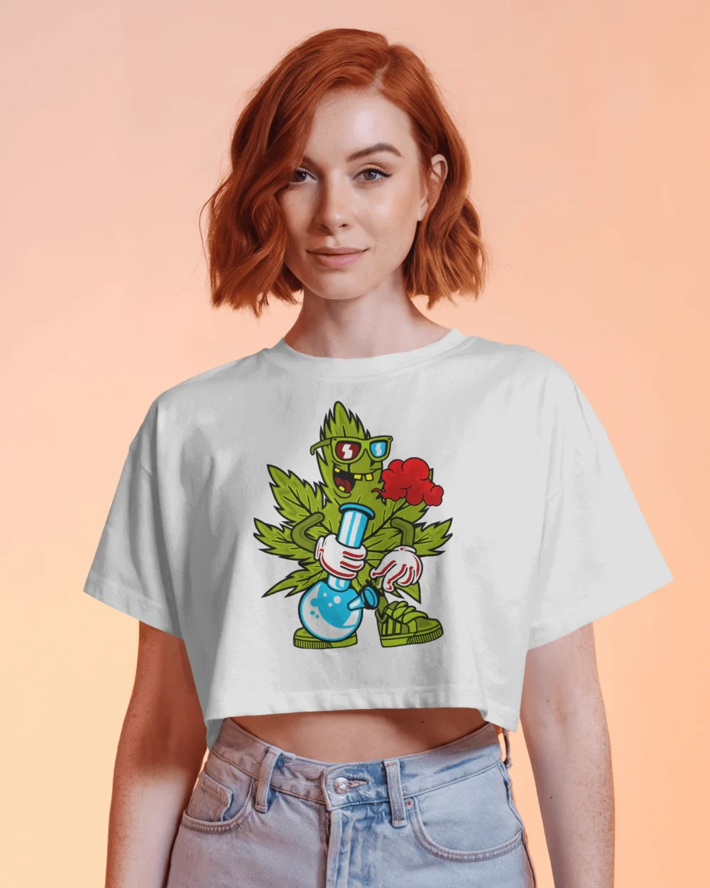 Leaf High Crop Top | Trippy Cartoon Bong Design | 180 GSM 100% Cotton Tee – TripTribe® - Image 3