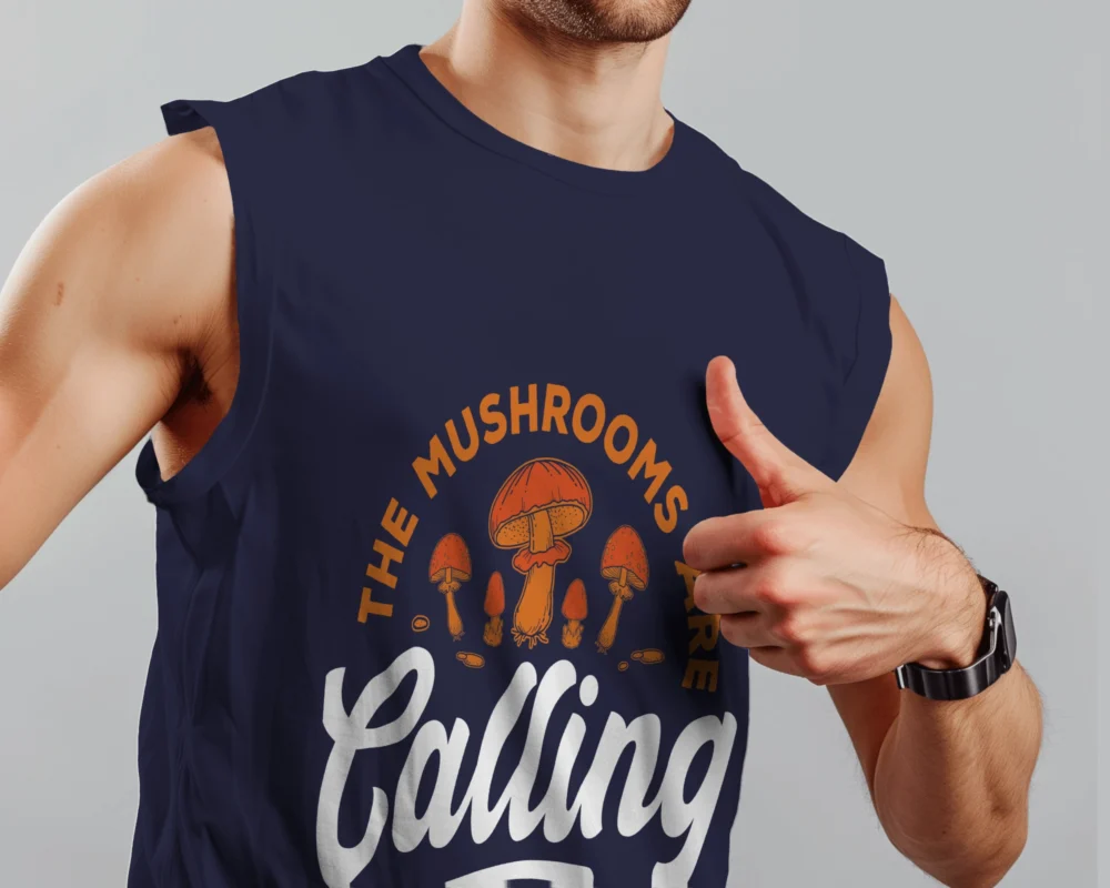 The Mushrooms Are Calling Sleeveless T-Shirt | 180 GSM 100% Cotton Trippy Mushroom Print Vest – TripTribe® - Image 3