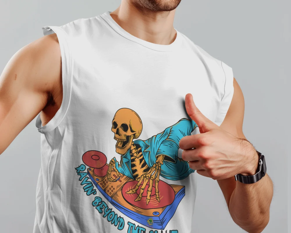 Ravin’ Beyond the Grave Skeleton DJ | Unisex 100% Cotton 180 GSM Sleeveless Tee - Image 3