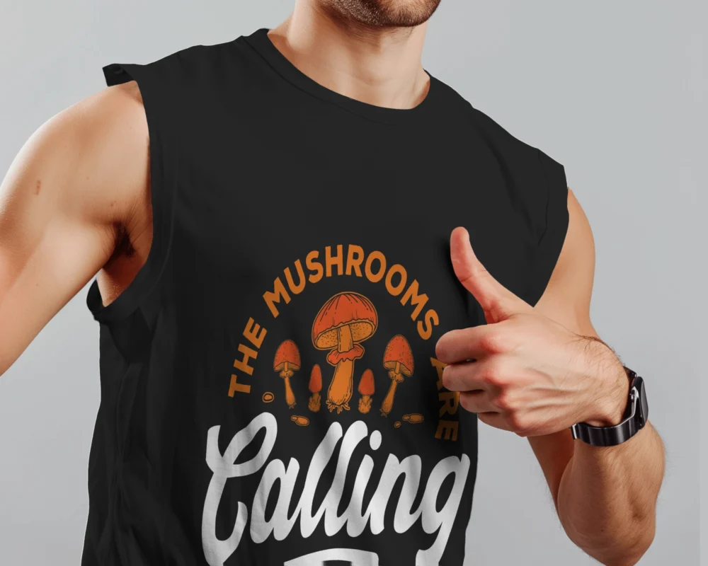 The Mushrooms Are Calling Sleeveless T-Shirt | 180 GSM 100% Cotton Trippy Mushroom Print Vest – TripTribe® - Image 4
