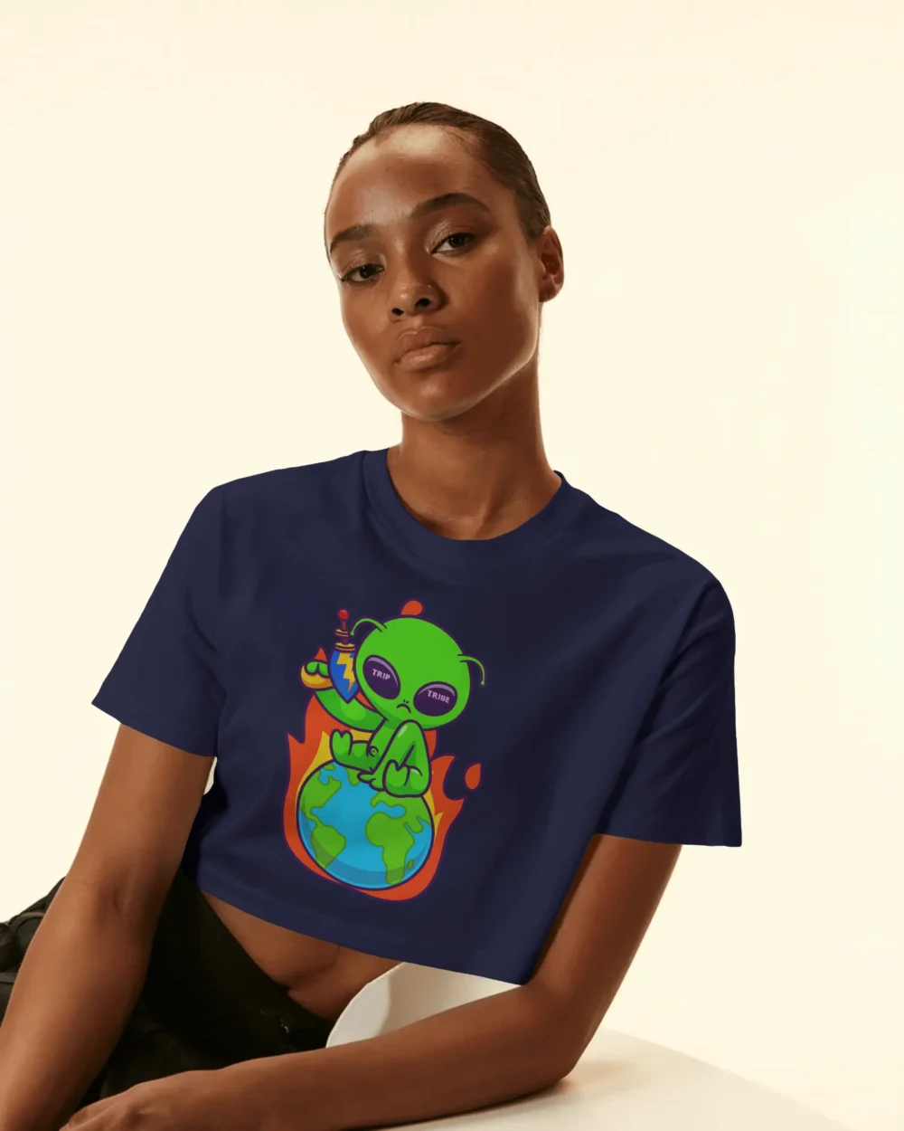 Don’t Mess With Me Crop Top | 180 GSM 100% Cotton | Alien Sitting on Earth – TripTribe® - Image 4