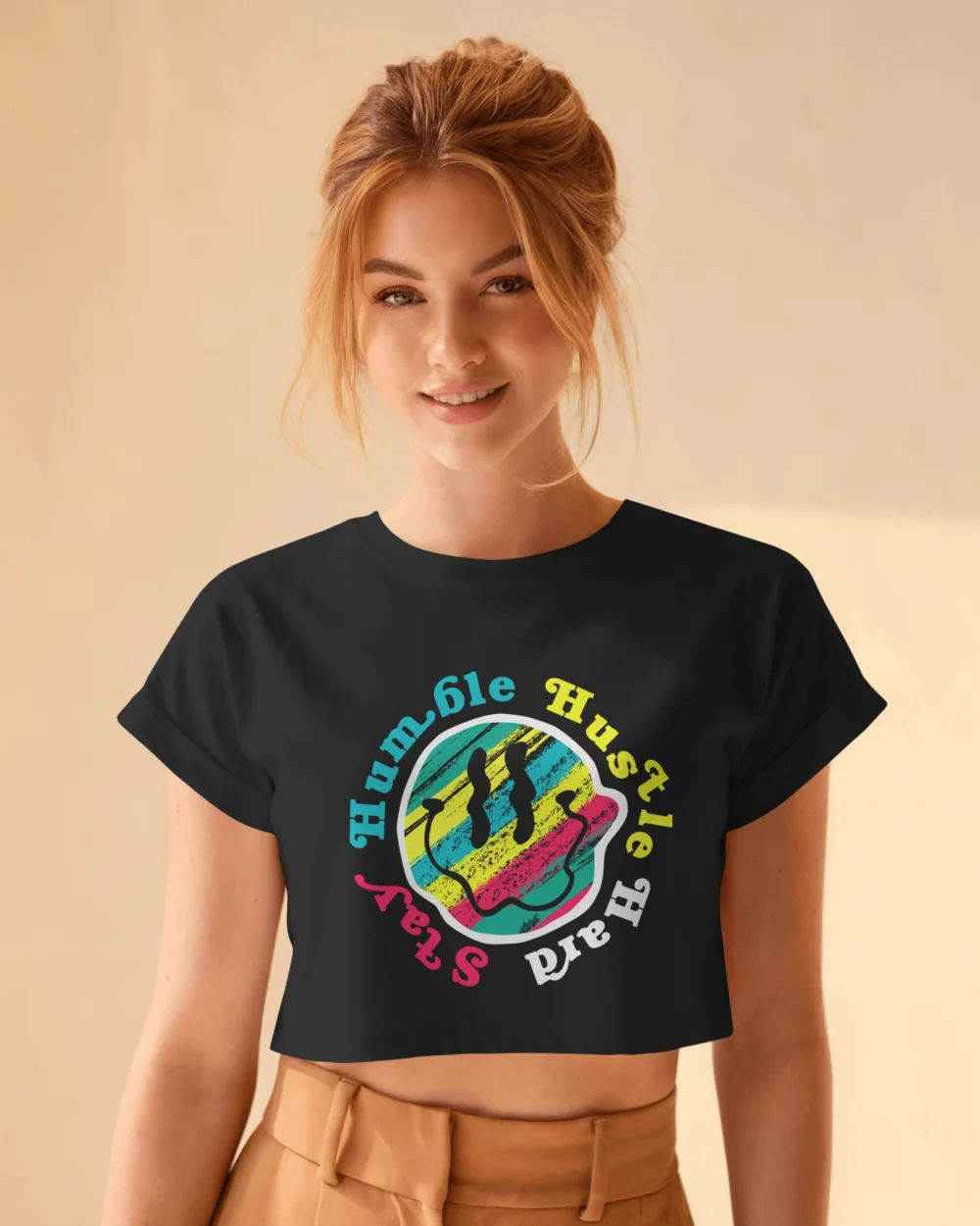 Stay Humble Hustle Hard Crop Top | 100% Cotton 180 GSM Bold Smiley Graphic Tee for Women – TripTribe® - Image 4