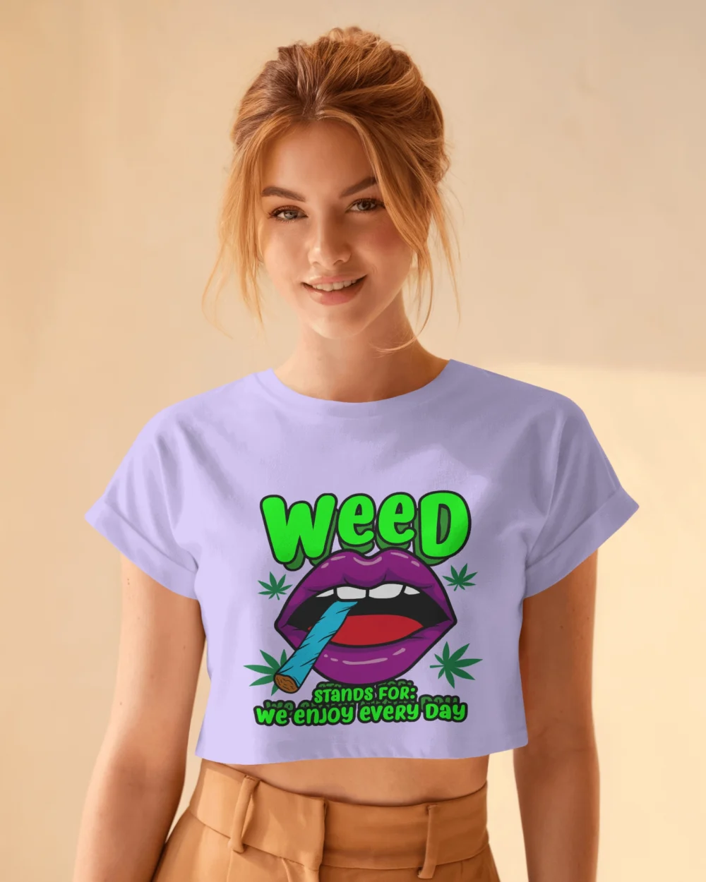 WEED Women’s Crop Top – We Enjoy Every Day | 180 GSM Cotton Neon Lips Stoner Graphic Tee – TripTribe® - Image 7