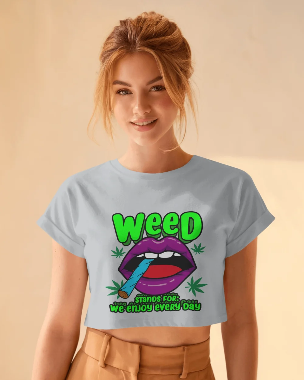 WEED Women’s Crop Top – We Enjoy Every Day | 180 GSM Cotton Neon Lips Stoner Graphic Tee – TripTribe® - Image 9