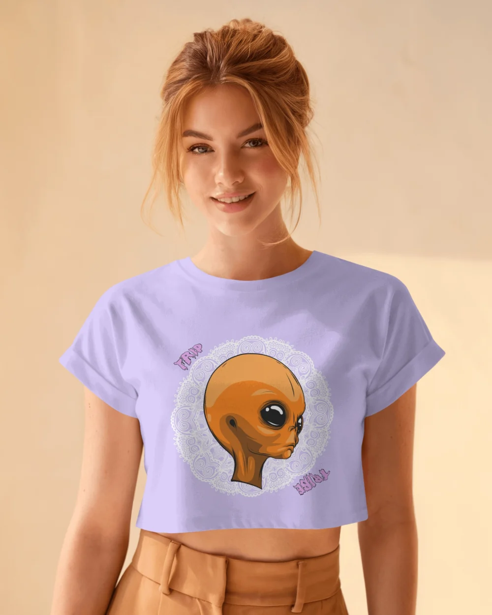 Mandala Alien Crop Top – Trippy Orange Alien Graphic | 100% Cotton 180 GSM | Trip Tribe - Image 10