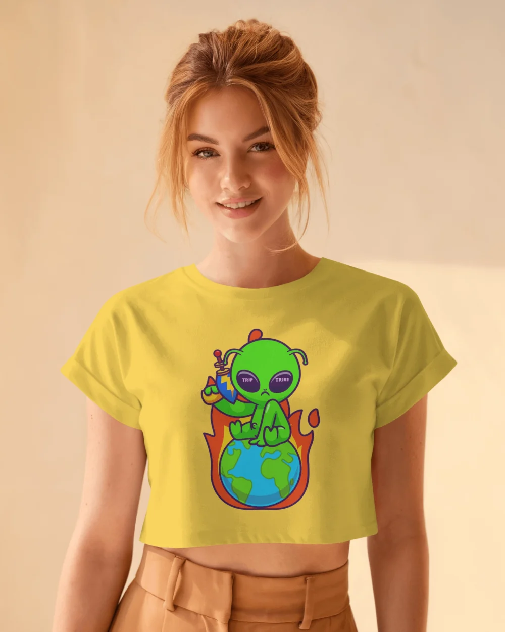 Don’t Mess With Me Crop Top | 180 GSM 100% Cotton | Alien Sitting on Earth – TripTribe® - Image 3