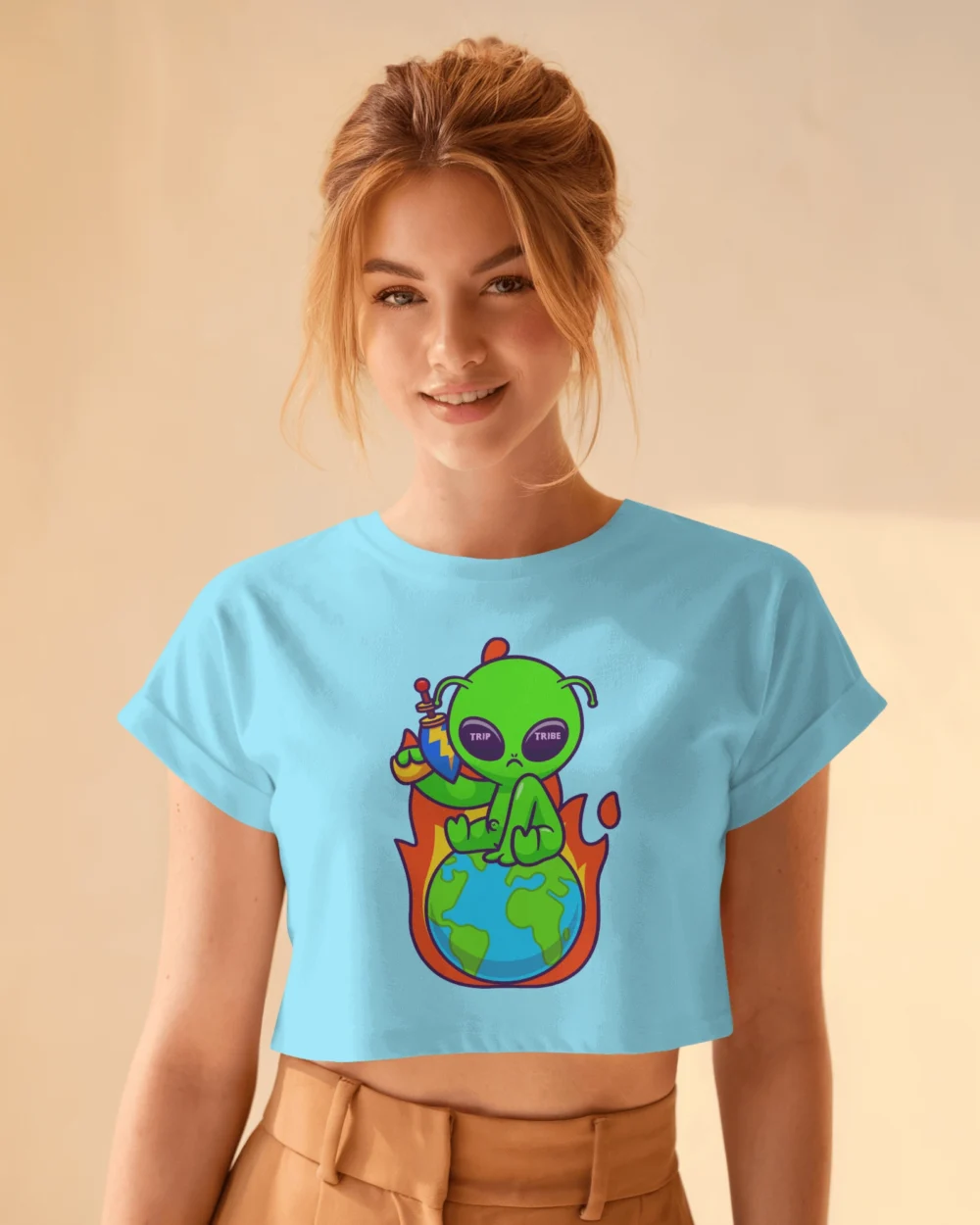 Don’t Mess With Me Crop Top | 180 GSM 100% Cotton | Alien Sitting on Earth – TripTribe® - Image 11