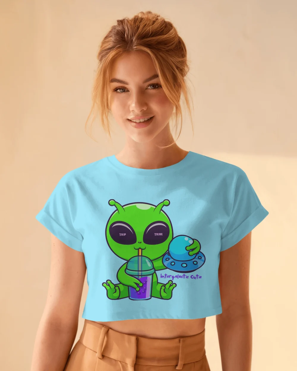 Cute Alien Crop Top Crop Top | 100% Cotton 180 GSM Bio-Washed Trippy Crop Top – TripTribe® - Image 12