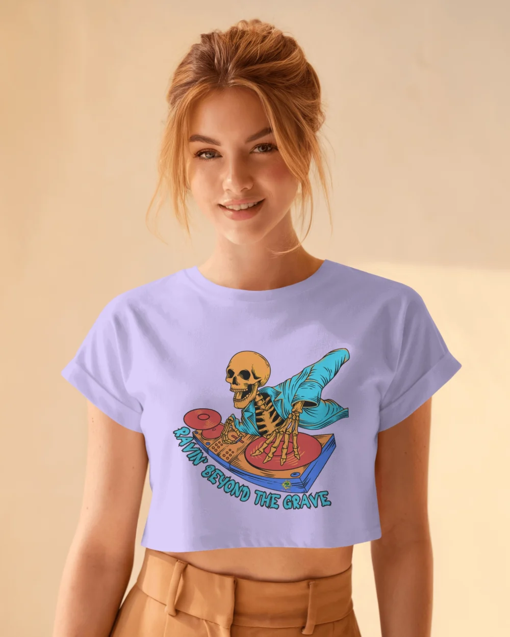 Ravin’ Beyond the Grave Skeleton DJ | Women’s 180 GSM Cotton Crop Top - Image 8