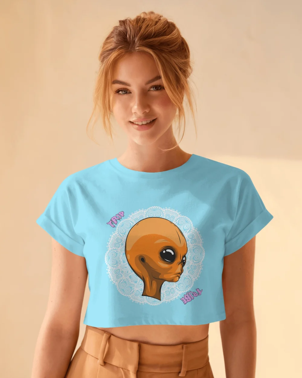 Mandala Alien Crop Top – Trippy Orange Alien Graphic | 100% Cotton 180 GSM | Trip Tribe - Image 12