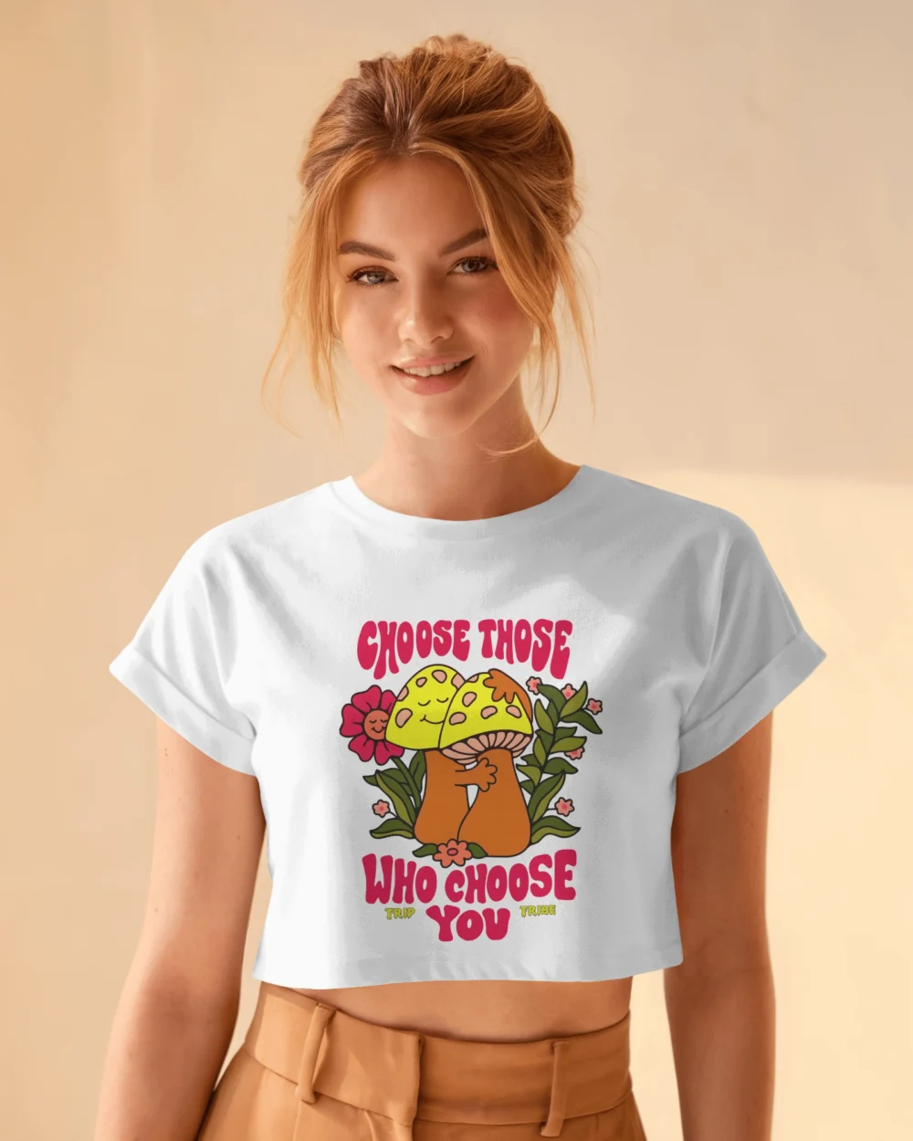 Choose Those Who Choose You Women’s Crop Top | 100% Cotton | Vibrant Trippy Mushroom Graphic – TripTribe® - Image 3