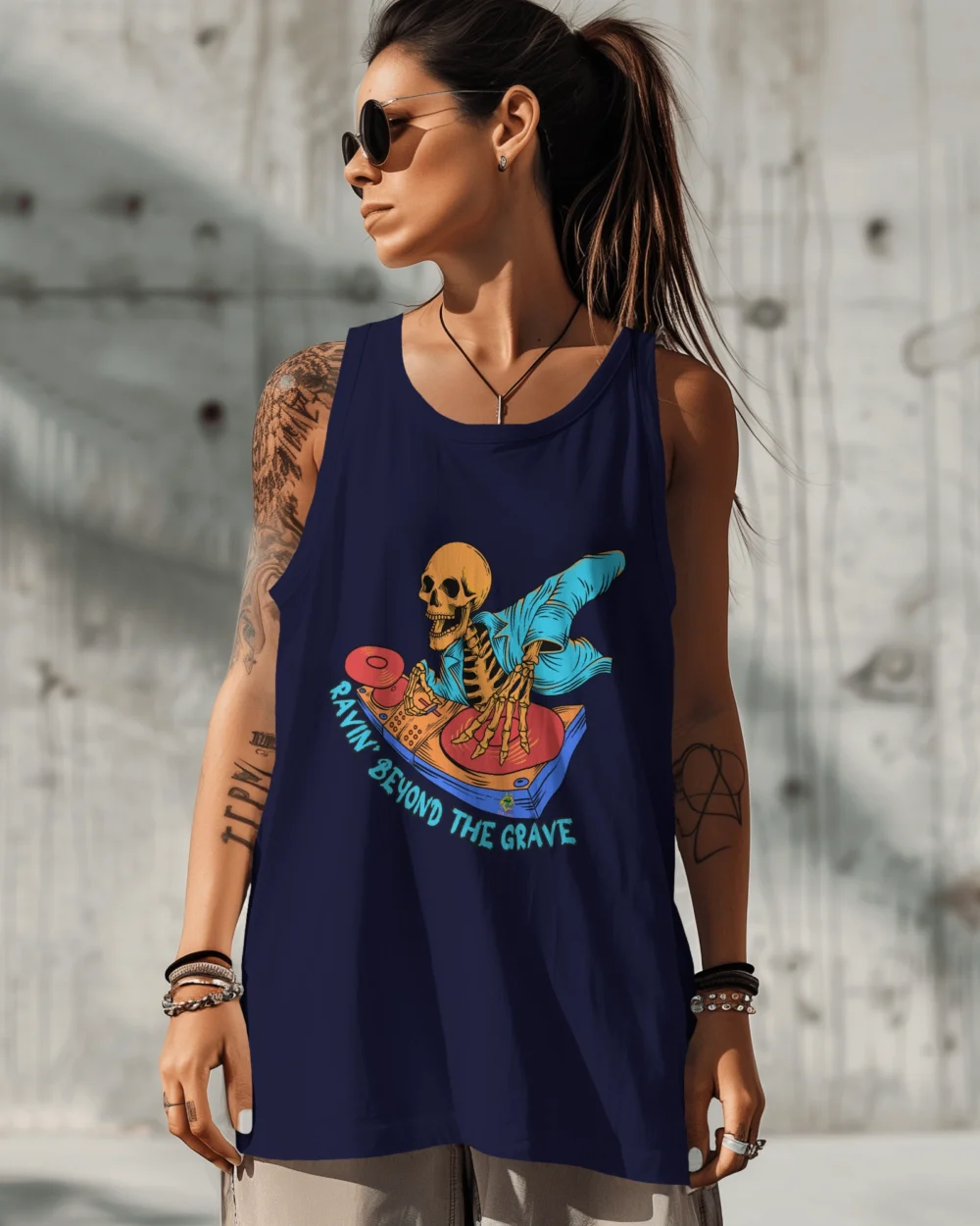 Ravin’ Beyond the Grave Skeleton DJ | Unisex 100% Cotton 180 GSM Sleeveless Tee - Image 4