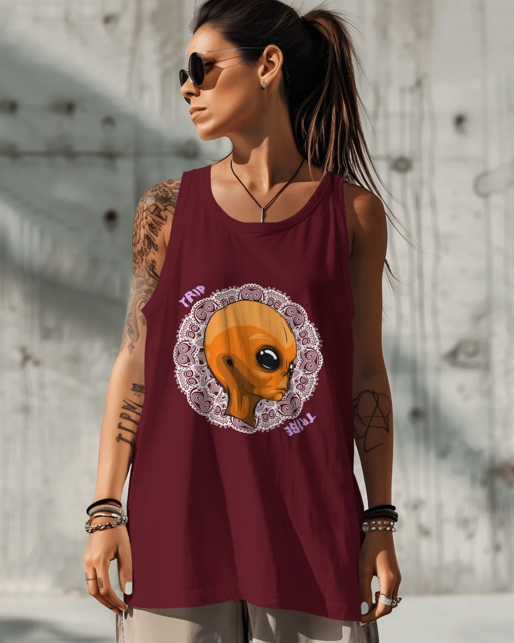 Mandala Alien Sleeveless Vest – Trippy Orange Alien x Mandala | 100% Cotton 180 GSM | TripTribe® - Image 8