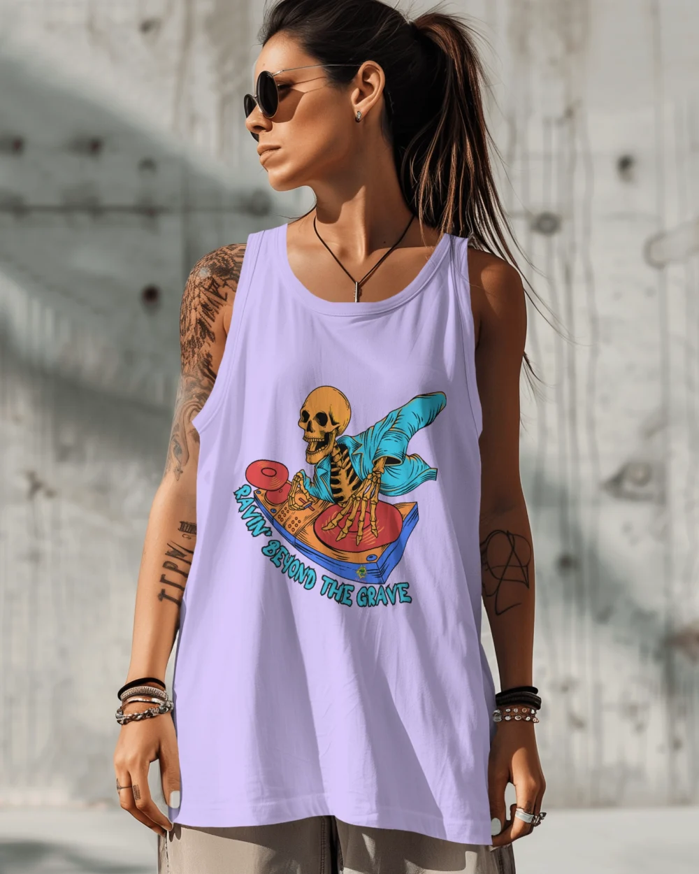 Ravin’ Beyond the Grave Skeleton DJ | Unisex 100% Cotton 180 GSM Sleeveless Tee - Image 5