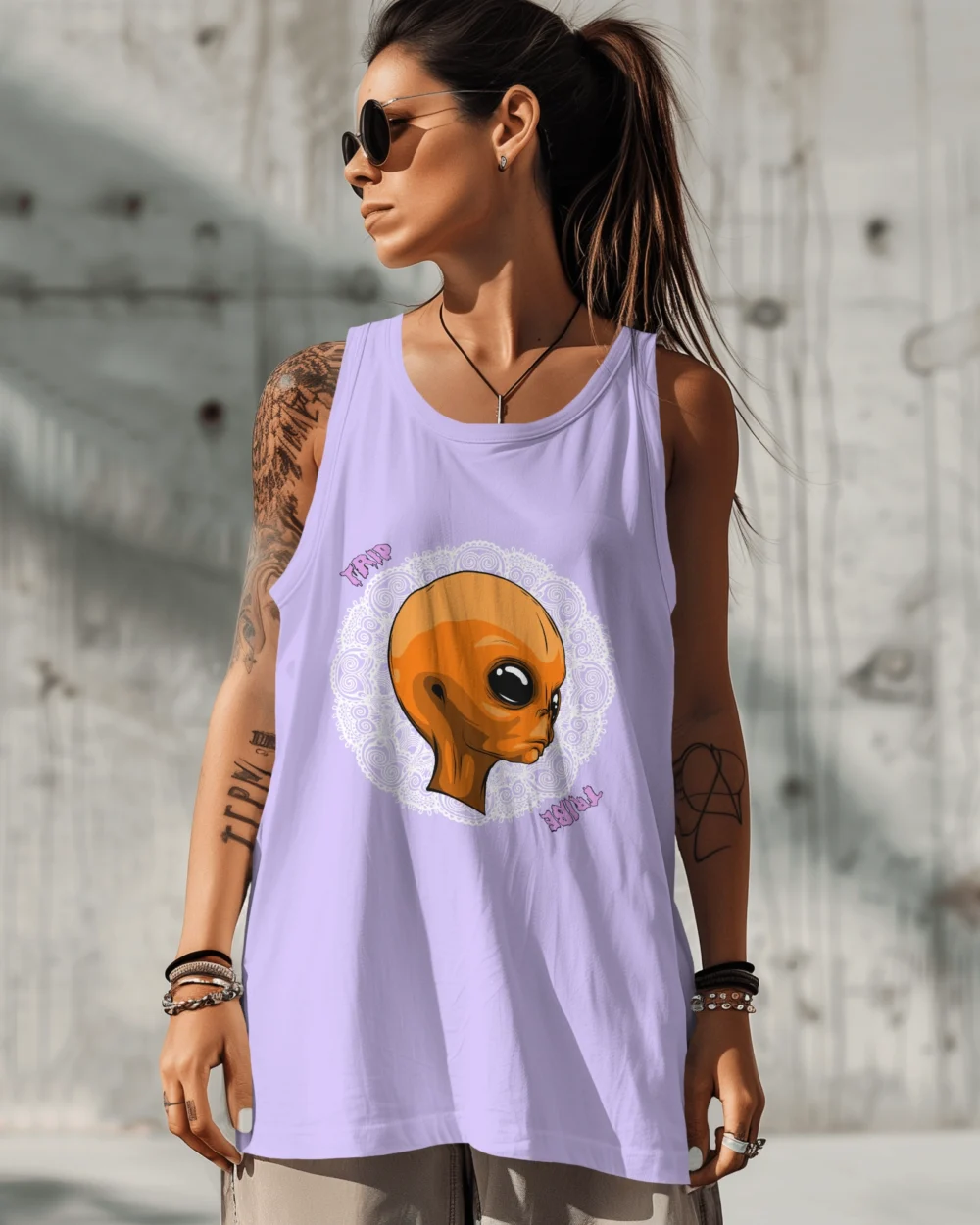 Mandala Alien Sleeveless Vest – Trippy Orange Alien x Mandala | 100% Cotton 180 GSM | TripTribe® - Image 10