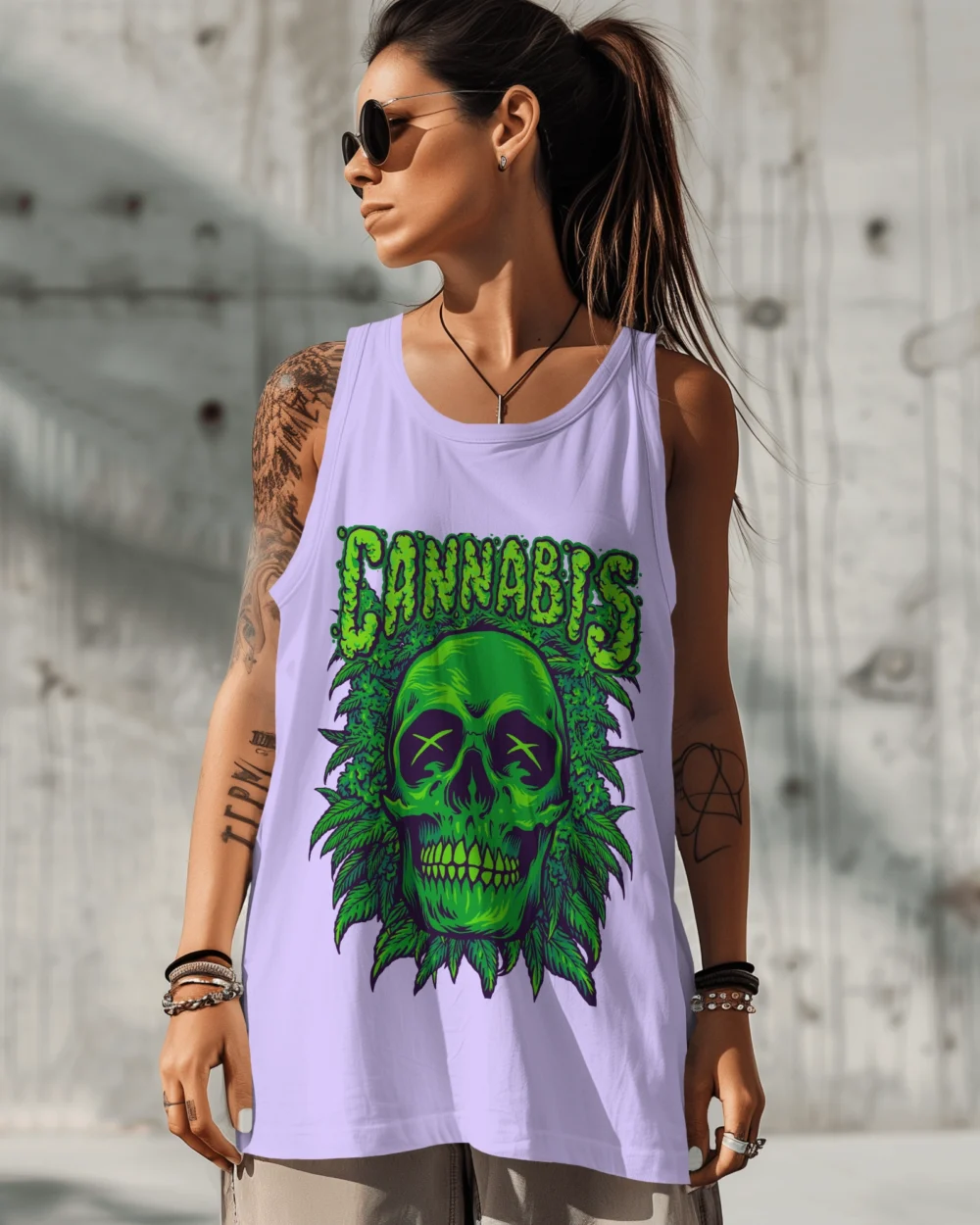 Cannabis Skull Sleeveless T-Shirt | 180 GSM 100% Cotton Trippy Green Skull Weed Vest – TripTribe® - Image 4