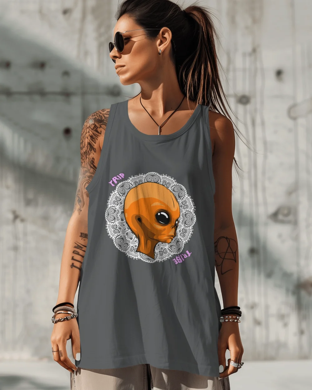 Mandala Alien Sleeveless Vest – Trippy Orange Alien x Mandala | 100% Cotton 180 GSM | TripTribe® - Image 11