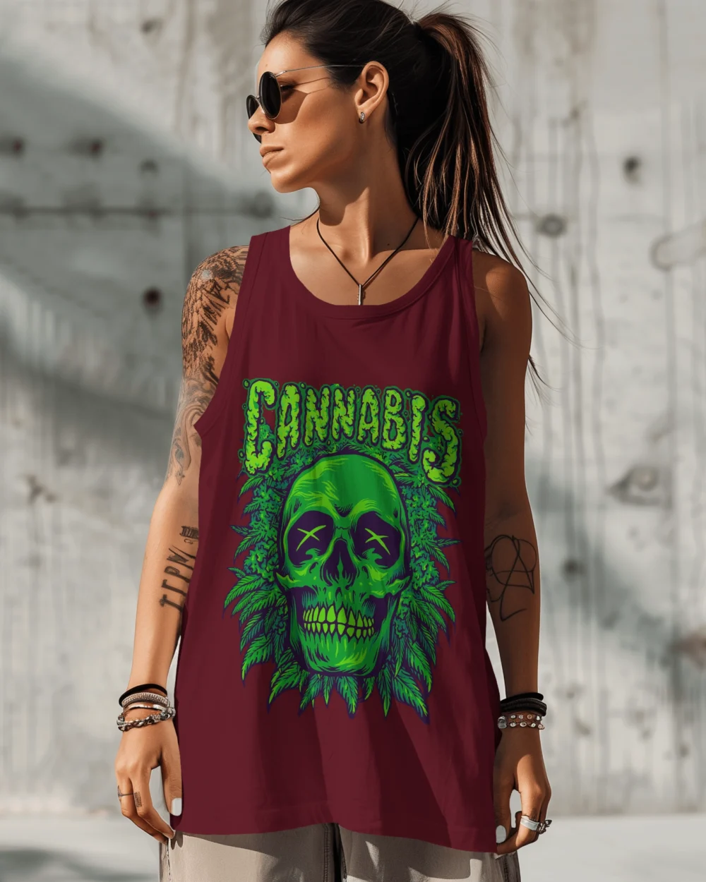 Cannabis Skull Sleeveless T-Shirt | 180 GSM 100% Cotton Trippy Green Skull Weed Vest – TripTribe® - Image 3