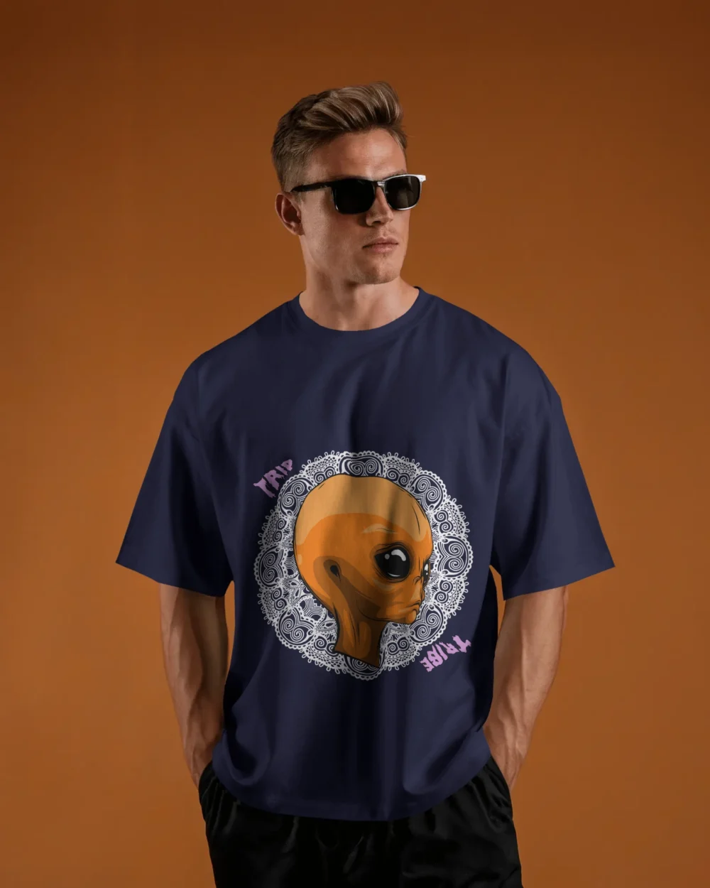 Mandala Alien Unisex Oversized T-Shirt – Trippy Orange Alien x Mandala Graphic | 240 GSM | TripTribe® - Image 4