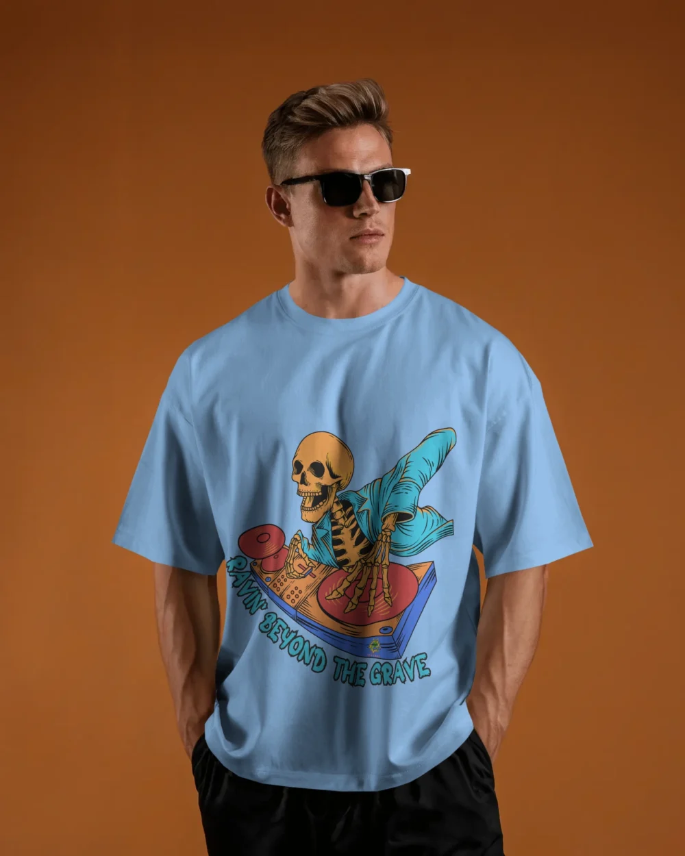 Ravin’ Beyond the Grave Skeleton DJ | Unisex 240 GSM Heavyweight Oversized Tee - Image 8