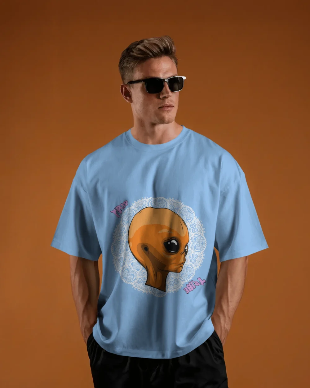 Mandala Alien Unisex Oversized T-Shirt – Trippy Orange Alien x Mandala Graphic | 240 GSM | TripTribe® - Image 10
