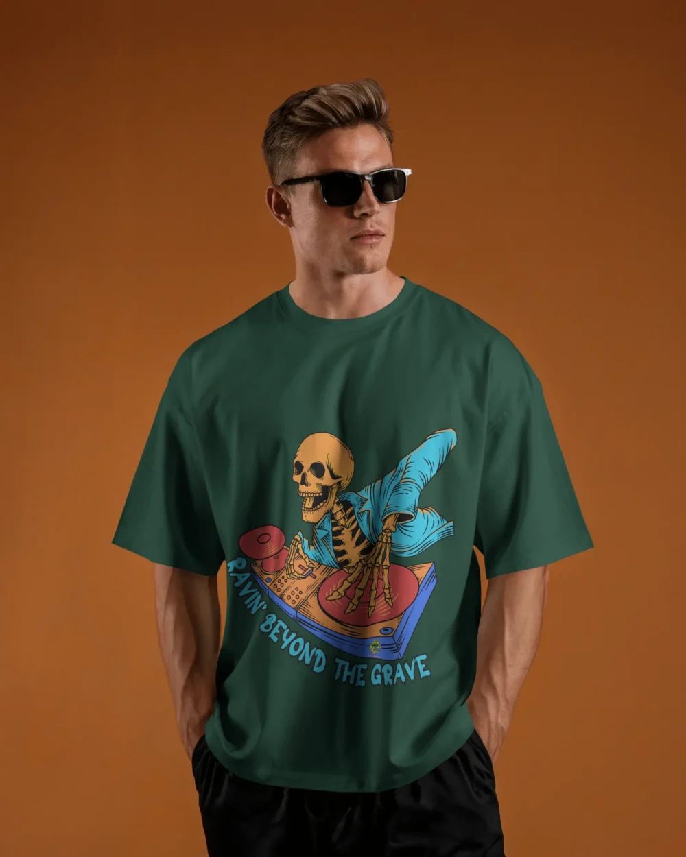 Ravin’ Beyond the Grave Skeleton DJ | Unisex 240 GSM Heavyweight Oversized Tee - Image 7
