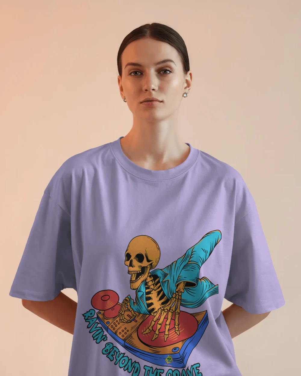 Ravin’ Beyond the Grave Skeleton DJ | Unisex 240 GSM Heavyweight Oversized Tee - Image 4