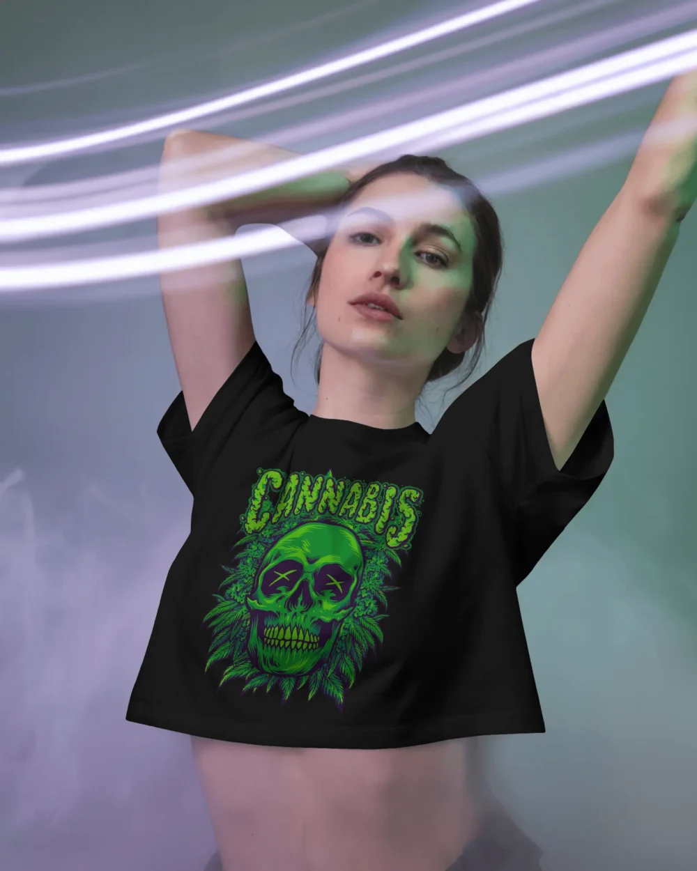 Cannabis Skull Women’s Crop Top | 180 GSM 100% Cotton Trippy Green Skull Weed Graphic Crop – TripTribe® - Image 3