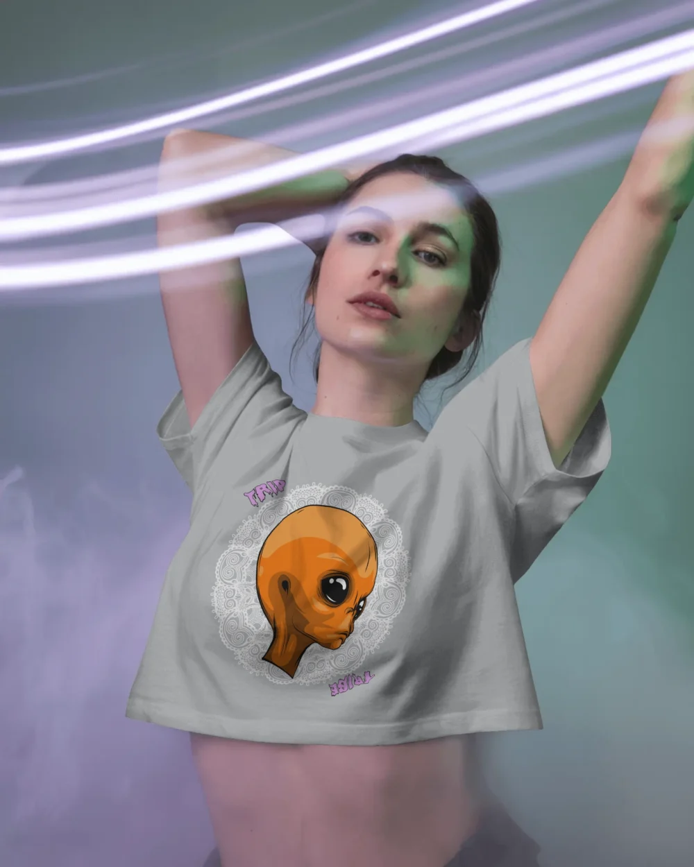 Mandala Alien Crop Top – Trippy Orange Alien Graphic | 100% Cotton 180 GSM | Trip Tribe - Image 3
