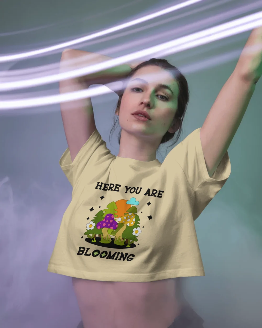 Here You Are Blooming Crop Top | 180 GSM 100% Cotton Trippy Mushroom Graphic Tee – TripTribe® - Image 4