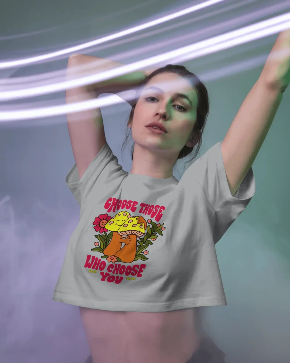 Choose Those Who Choose You Women’s Crop Top | 100% Cotton | Vibrant Trippy Mushroom Graphic – TripTribe® - Image 4