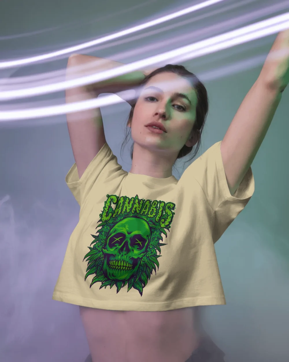 Cannabis Skull Women’s Crop Top | 180 GSM 100% Cotton Trippy Green Skull Weed Graphic Crop – TripTribe® - Image 6