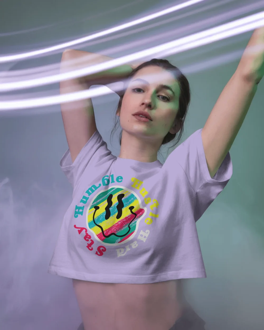 Stay Humble Hustle Hard Crop Top | 100% Cotton 180 GSM Bold Smiley Graphic Tee for Women – TripTribe® - Image 6